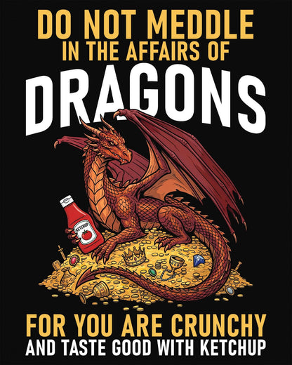 Do Not Meddle Hoard shirt in black featuring a treasure-guarding dragon with ketchup with the classic warning phrase