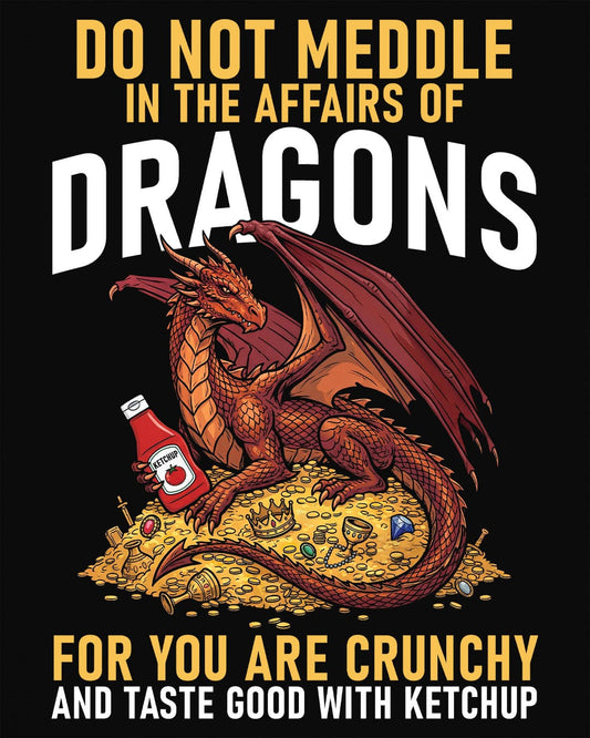 Do Not Meddle Hoard shirt in black featuring a treasure-guarding dragon with ketchup with the classic warning phrase
