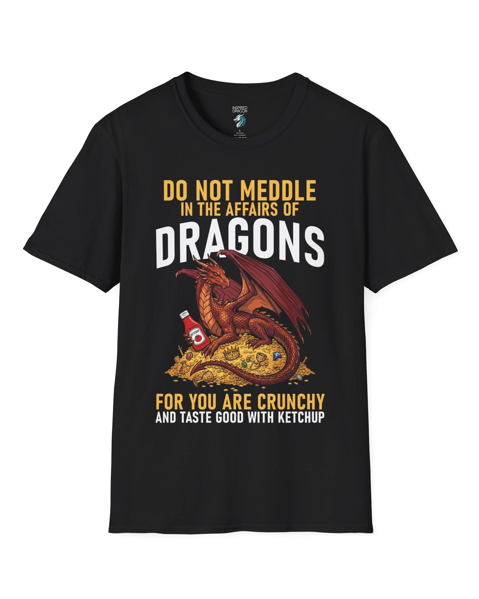 Do Not Meddle Hoard shirt in black featuring a treasure-guarding dragon with ketchup with the classic warning phrase