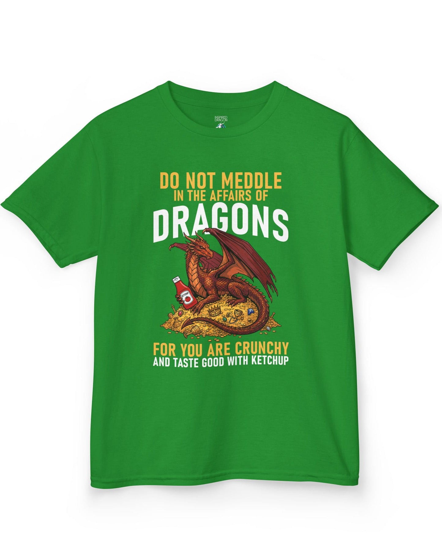 Do Not Meddle Hoard shirt in Irish green featuring a treasure-guarding dragon with ketchup with the classic warning phrase