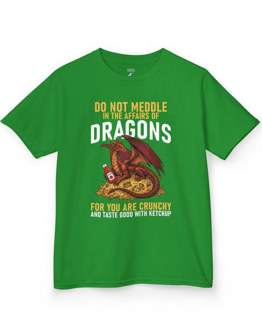 Do Not Meddle Hoard shirt in Irish green featuring a treasure-guarding dragon with ketchup with the classic warning phrase