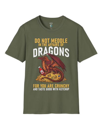 Do Not Meddle Hoard shirt in military green featuring a treasure-guarding dragon with ketchup with the classic warning phrase
