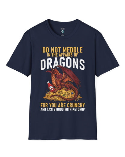 Do Not Meddle Hoard shirt in navy featuring a treasure-guarding dragon with ketchup with the classic warning phrase