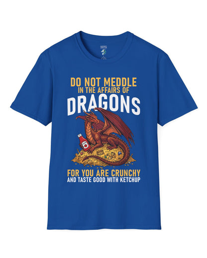 Do Not Meddle Hoard shirt in royal blue featuring a treasure-guarding dragon with ketchup with the classic warning phrase