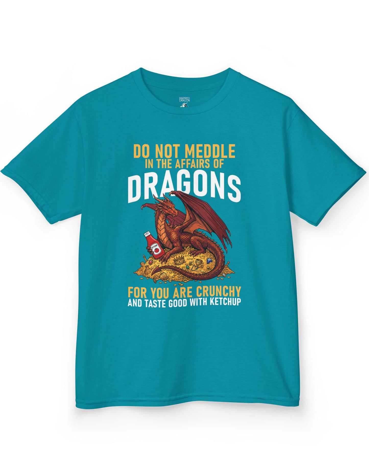 Do Not Meddle Hoard shirt in tropical blue featuring a treasure-guarding dragon with ketchup with the classic warning phrase