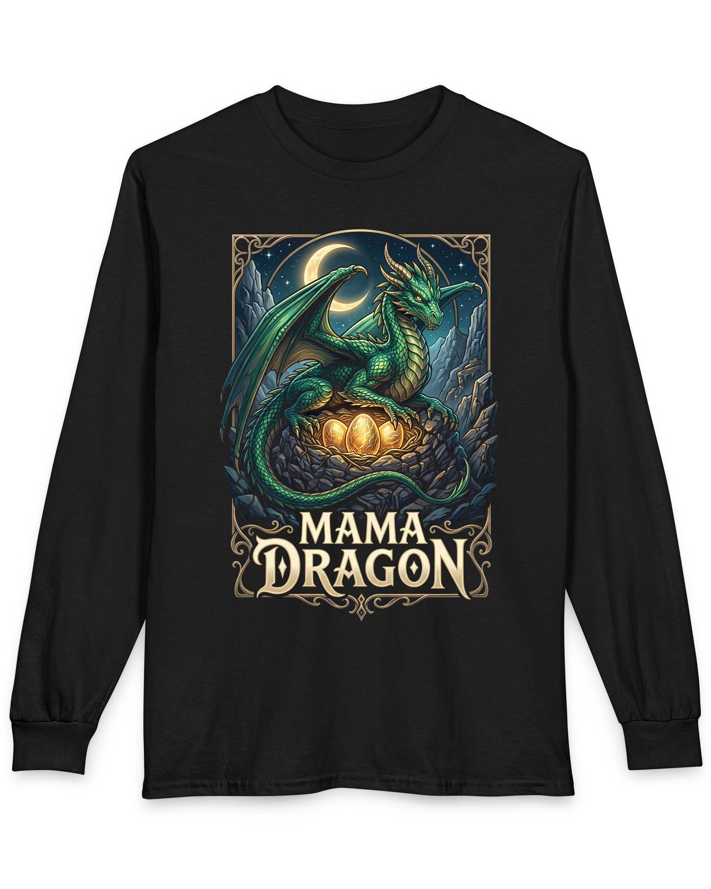 Mama Dragon shirt in black featuring a green dragon guarding glowing eggs beneath a crescent moon in fantasy style