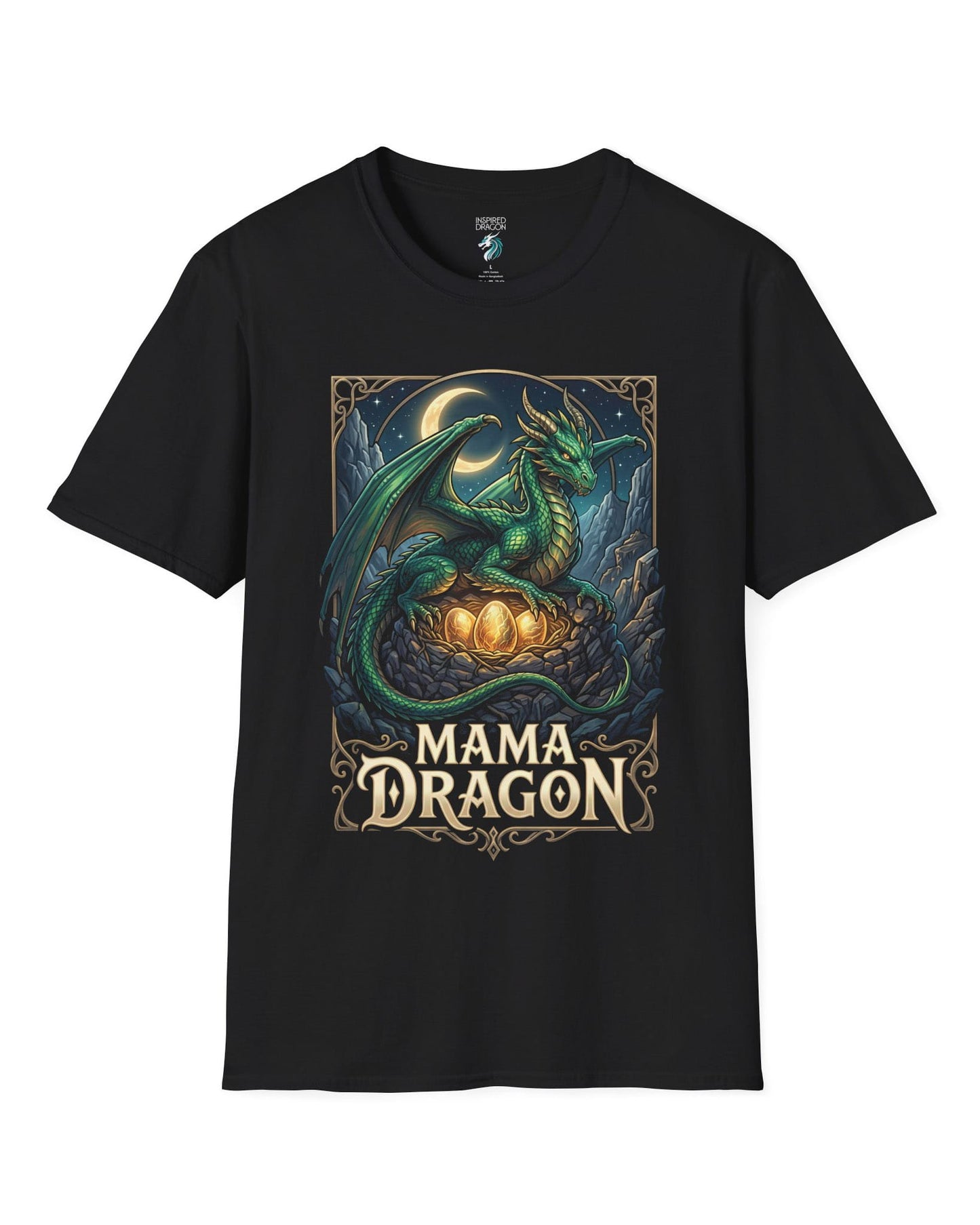 Mama Dragon shirt in black featuring a green dragon guarding glowing eggs beneath a crescent moon in fantasy style