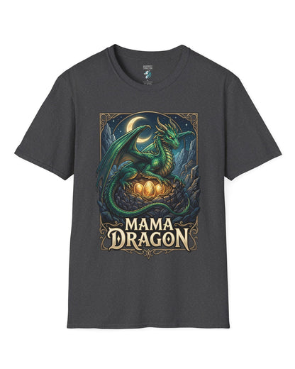 Mama Dragon shirt in dark heather featuring a green dragon guarding glowing eggs beneath a crescent moon in fantasy style