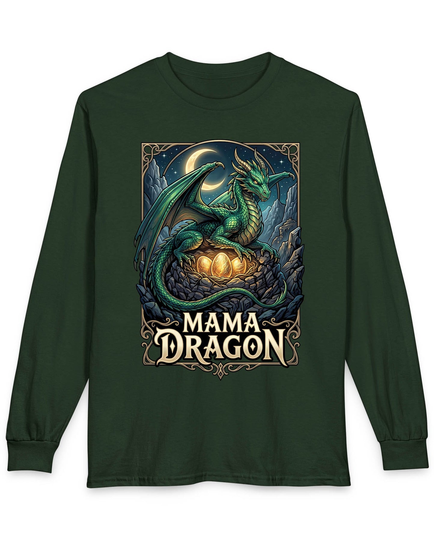 Mama Dragon shirt in forest green featuring a green dragon guarding glowing eggs beneath a crescent moon in fantasy style