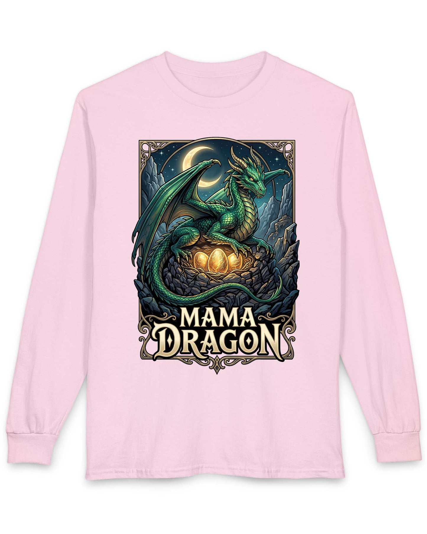 Mama Dragon shirt in light pink featuring a green dragon guarding glowing eggs beneath a crescent moon in fantasy style