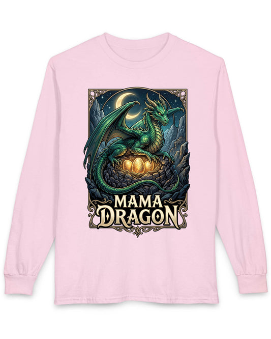Mama Dragon shirt in light pink featuring a green dragon guarding glowing eggs beneath a crescent moon in fantasy style