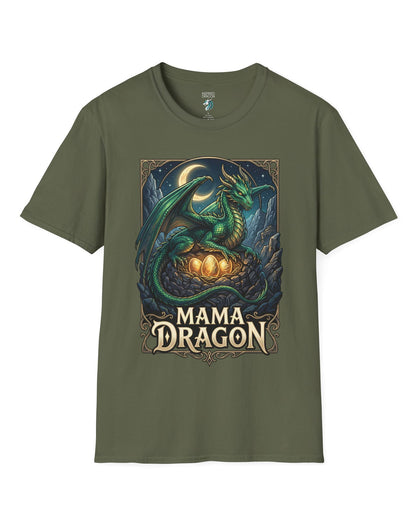 Mama Dragon shirt in military green featuring a green dragon guarding glowing eggs beneath a crescent moon in fantasy style