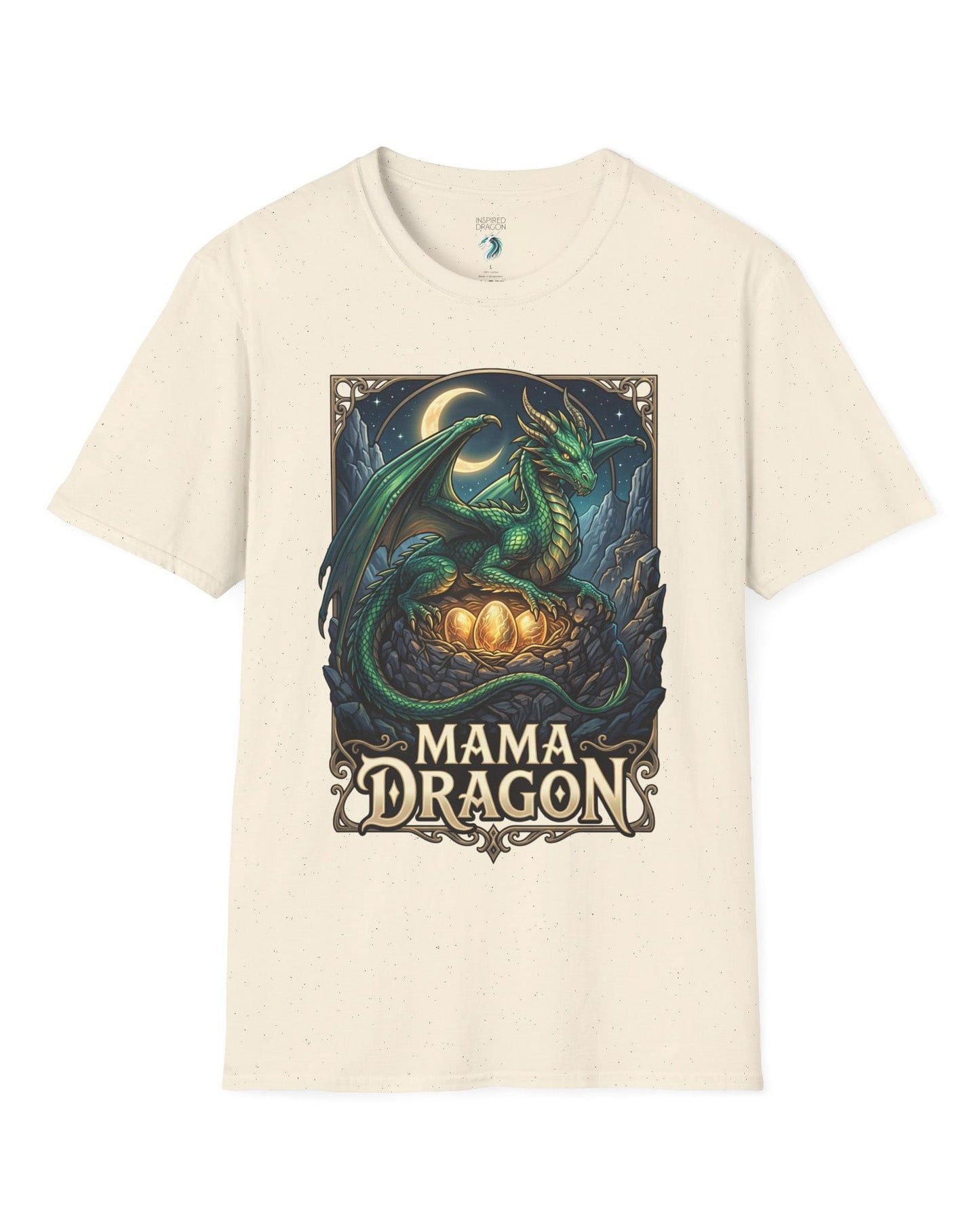 Mama Dragon shirt in natural featuring a green dragon guarding glowing eggs beneath a crescent moon in fantasy style