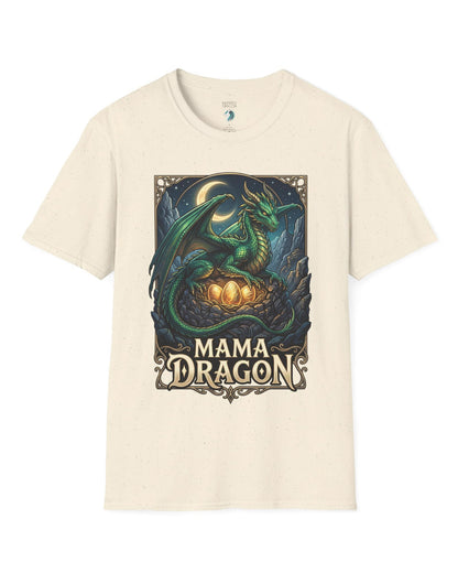 Mama Dragon shirt in natural featuring a green dragon guarding glowing eggs beneath a crescent moon in fantasy style
