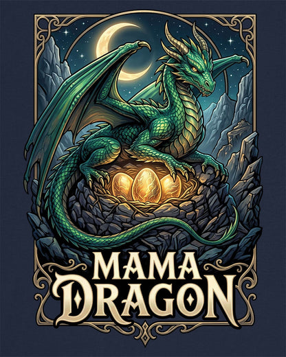 Mama Dragon shirt in navy featuring a green dragon guarding glowing eggs beneath a crescent moon in fantasy style