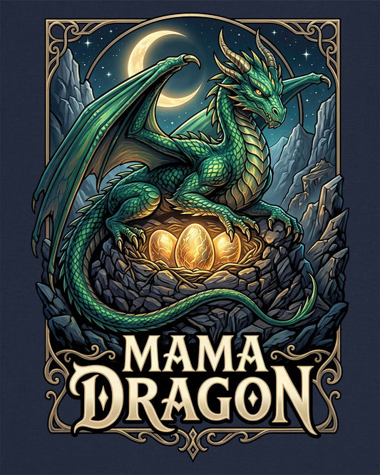 Mama Dragon shirt in navy featuring a green dragon guarding glowing eggs beneath a crescent moon in fantasy style