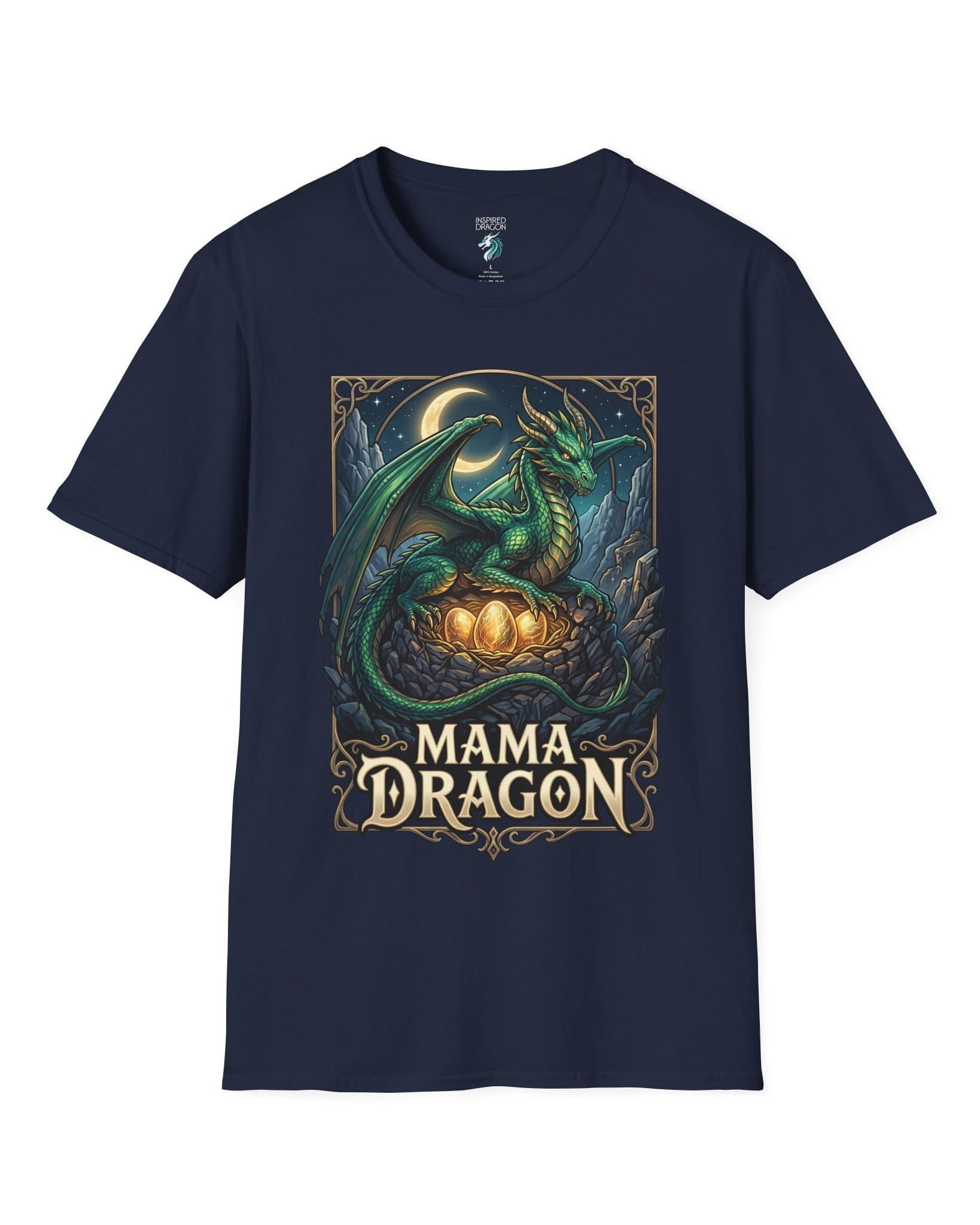 Mama Dragon shirt in navy featuring a green dragon guarding glowing eggs beneath a crescent moon in fantasy style
