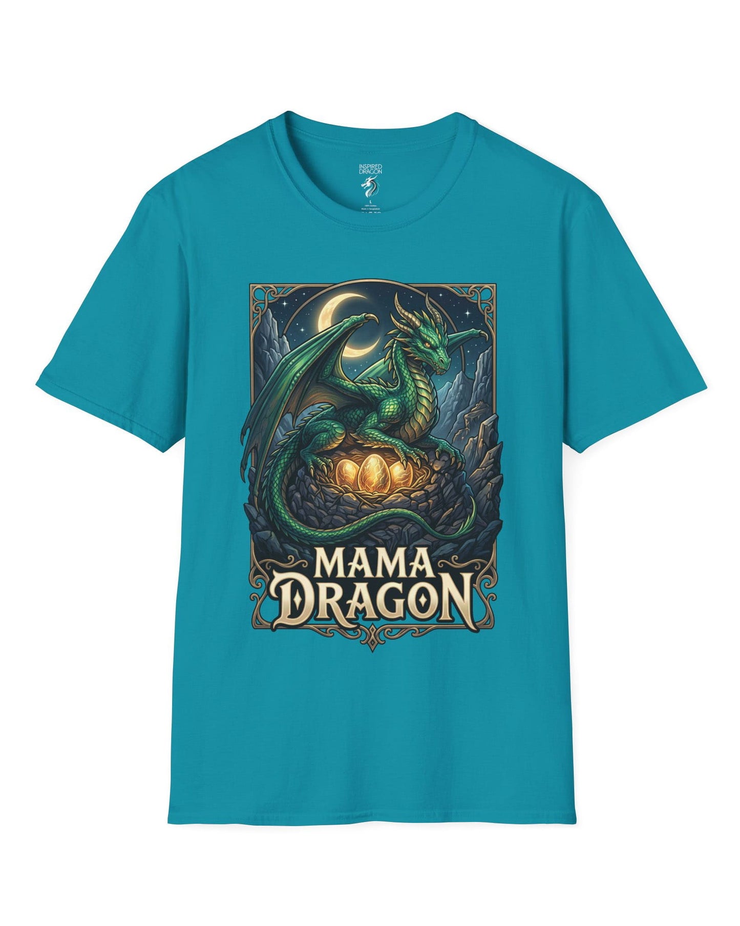 Mama Dragon shirt in tropical blue featuring a green dragon guarding glowing eggs beneath a crescent moon in fantasy style