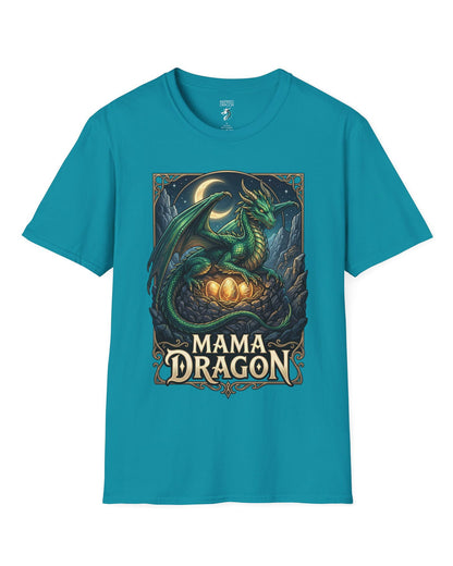 Mama Dragon shirt in tropical blue featuring a green dragon guarding glowing eggs beneath a crescent moon in fantasy style