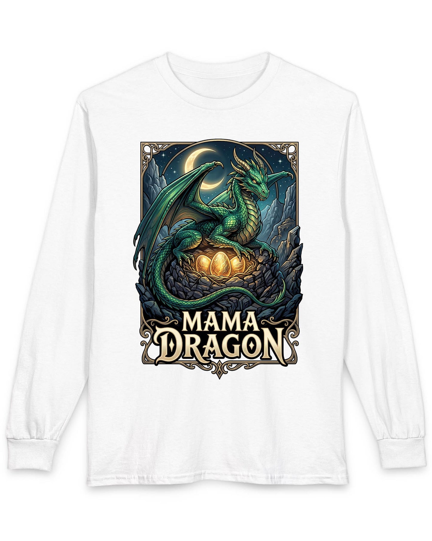 Mama Dragon shirt in white featuring a green dragon guarding glowing eggs beneath a crescent moon in fantasy style