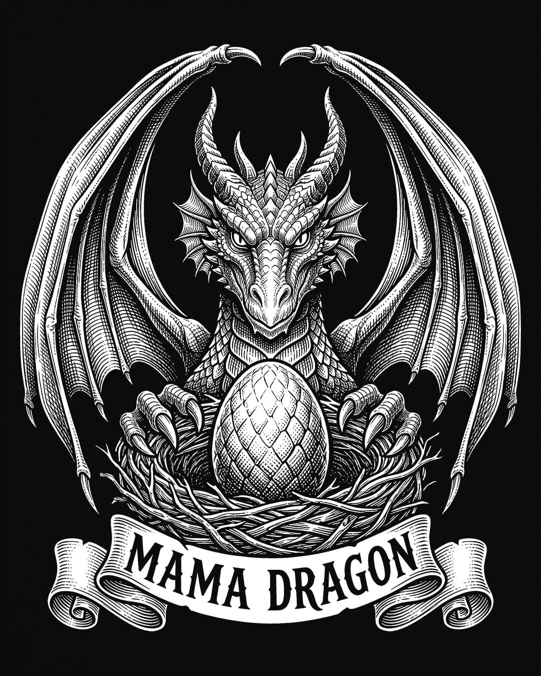 Mama Dragon shirt in black featuring detailed vintage sketch art of a dragon guarding an egg in its nest