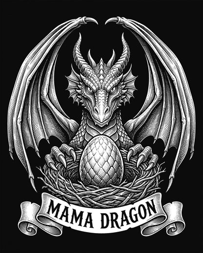 Mama Dragon shirt in black featuring detailed vintage sketch art of a dragon guarding an egg in its nest
