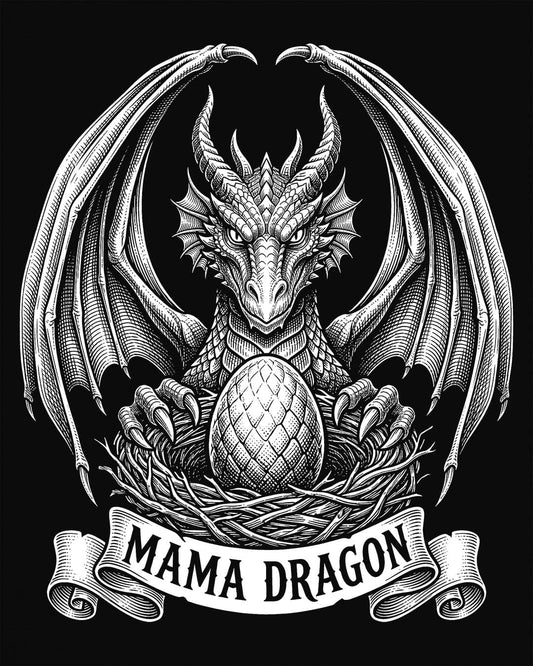 Mama Dragon shirt in black featuring detailed vintage sketch art of a dragon guarding an egg in its nest