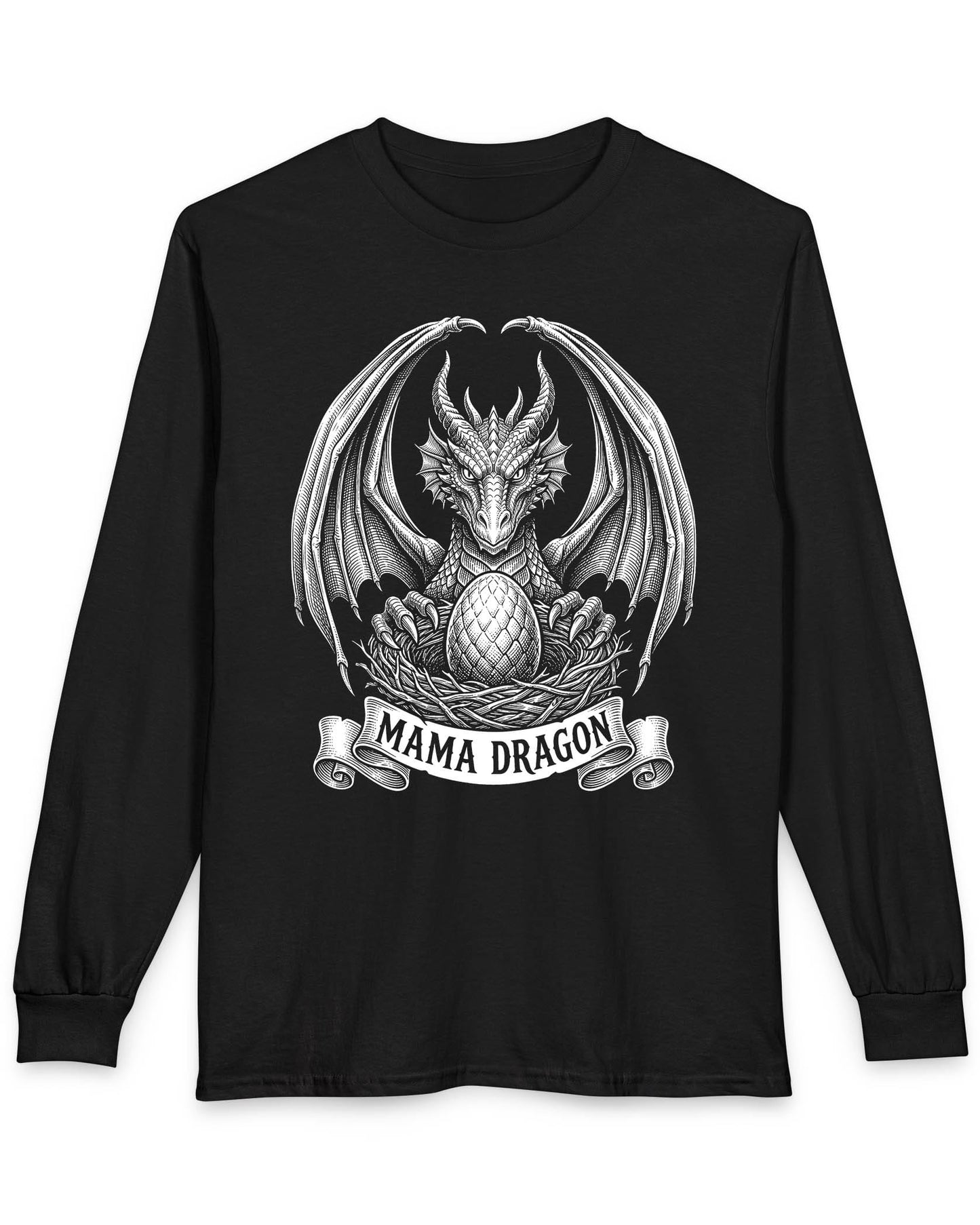 Mama Dragon shirt in black featuring detailed vintage sketch art of a dragon guarding an egg in its nest