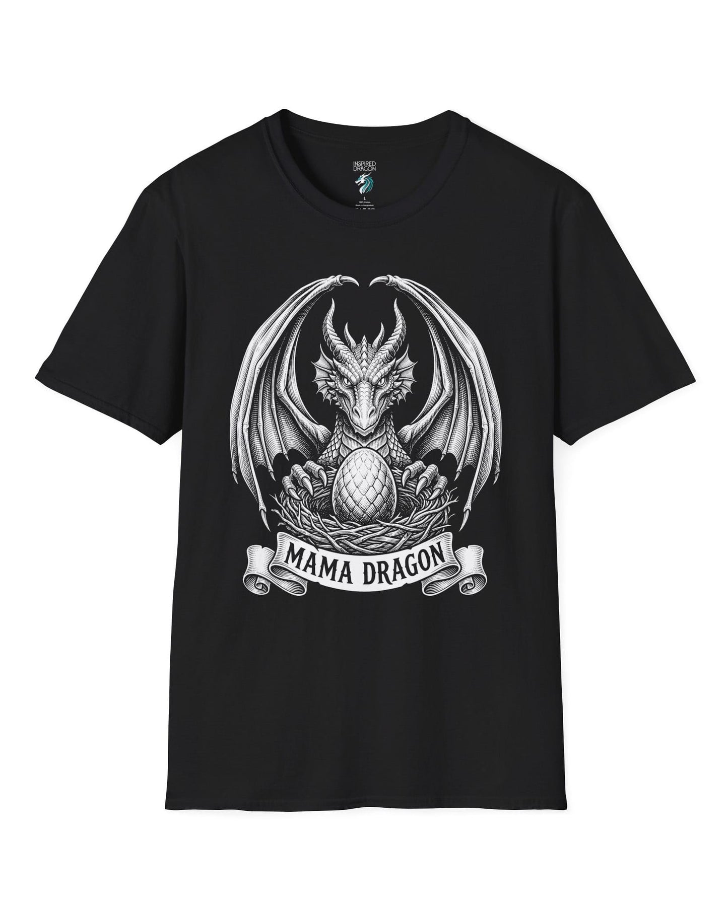 Mama Dragon shirt in black featuring detailed vintage sketch art of a dragon guarding an egg in its nest