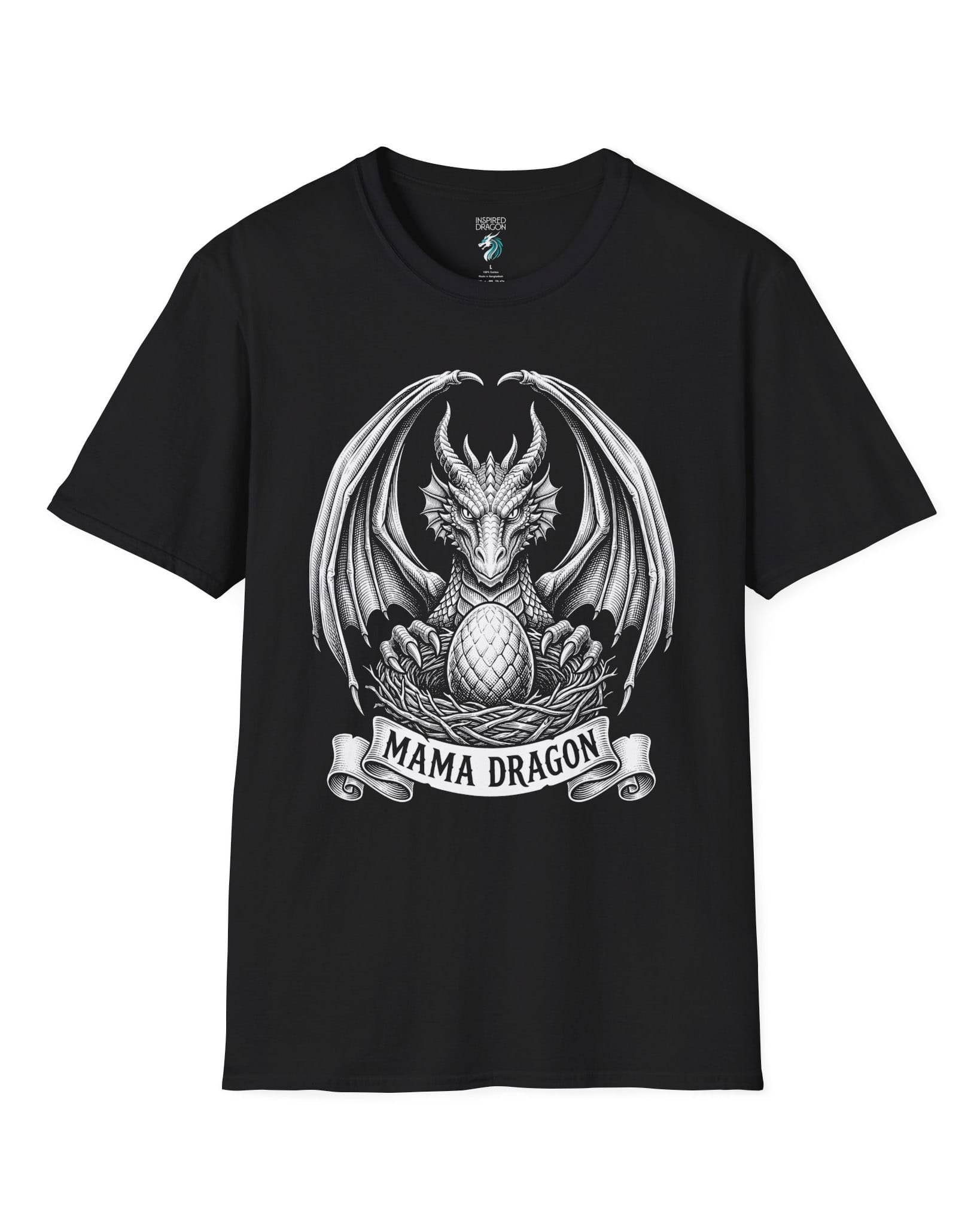 Mama Dragon shirt in black featuring detailed vintage sketch art of a dragon guarding an egg in its nest