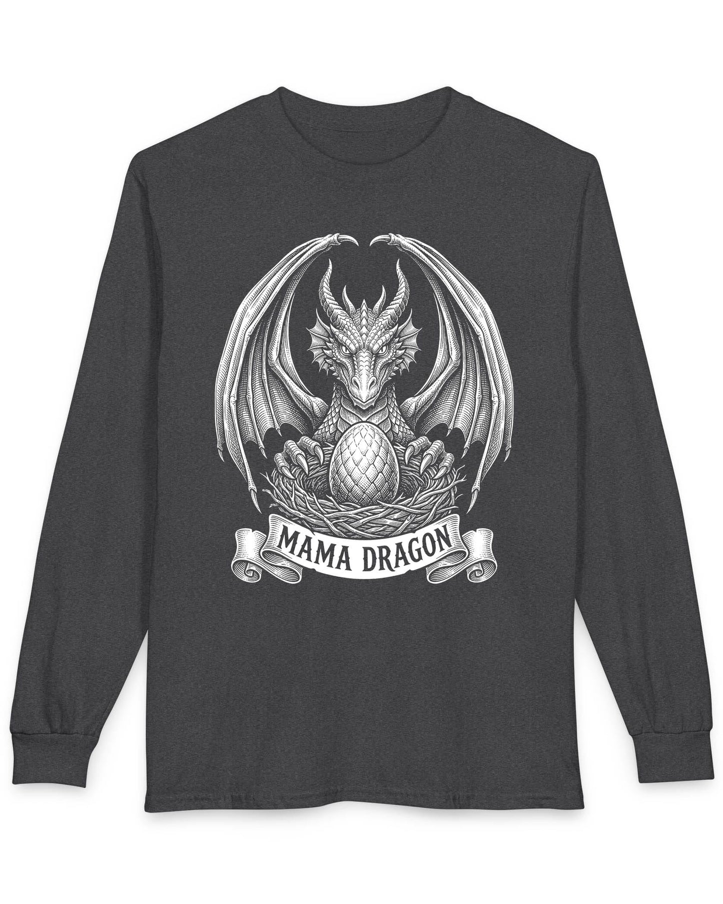 Mama Dragon shirt in dark heather featuring detailed vintage sketch art of a dragon guarding an egg in its nest