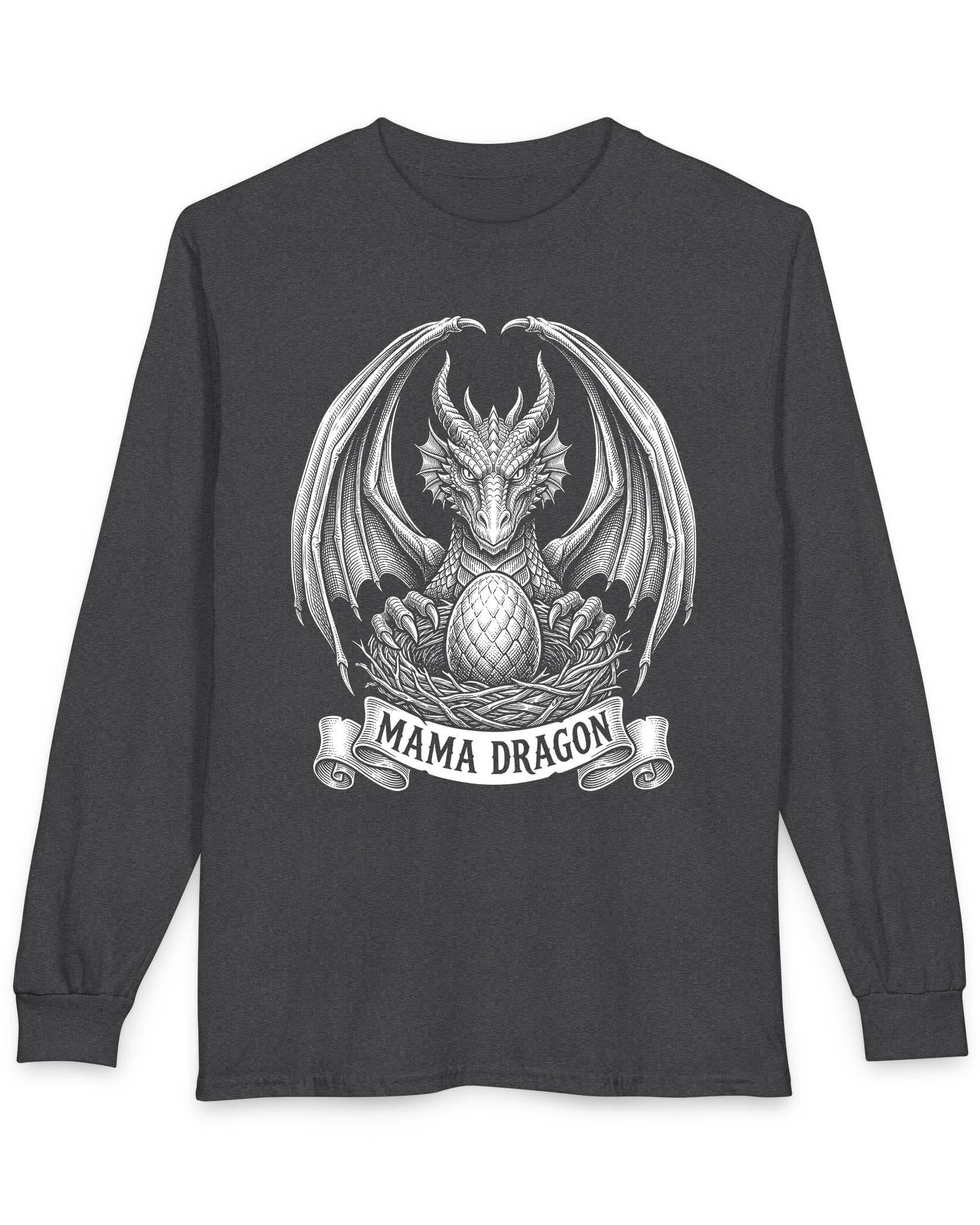 Mama Dragon shirt in dark heather featuring detailed vintage sketch art of a dragon guarding an egg in its nest