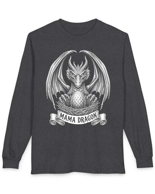 Mama Dragon shirt in dark heather featuring detailed vintage sketch art of a dragon guarding an egg in its nest