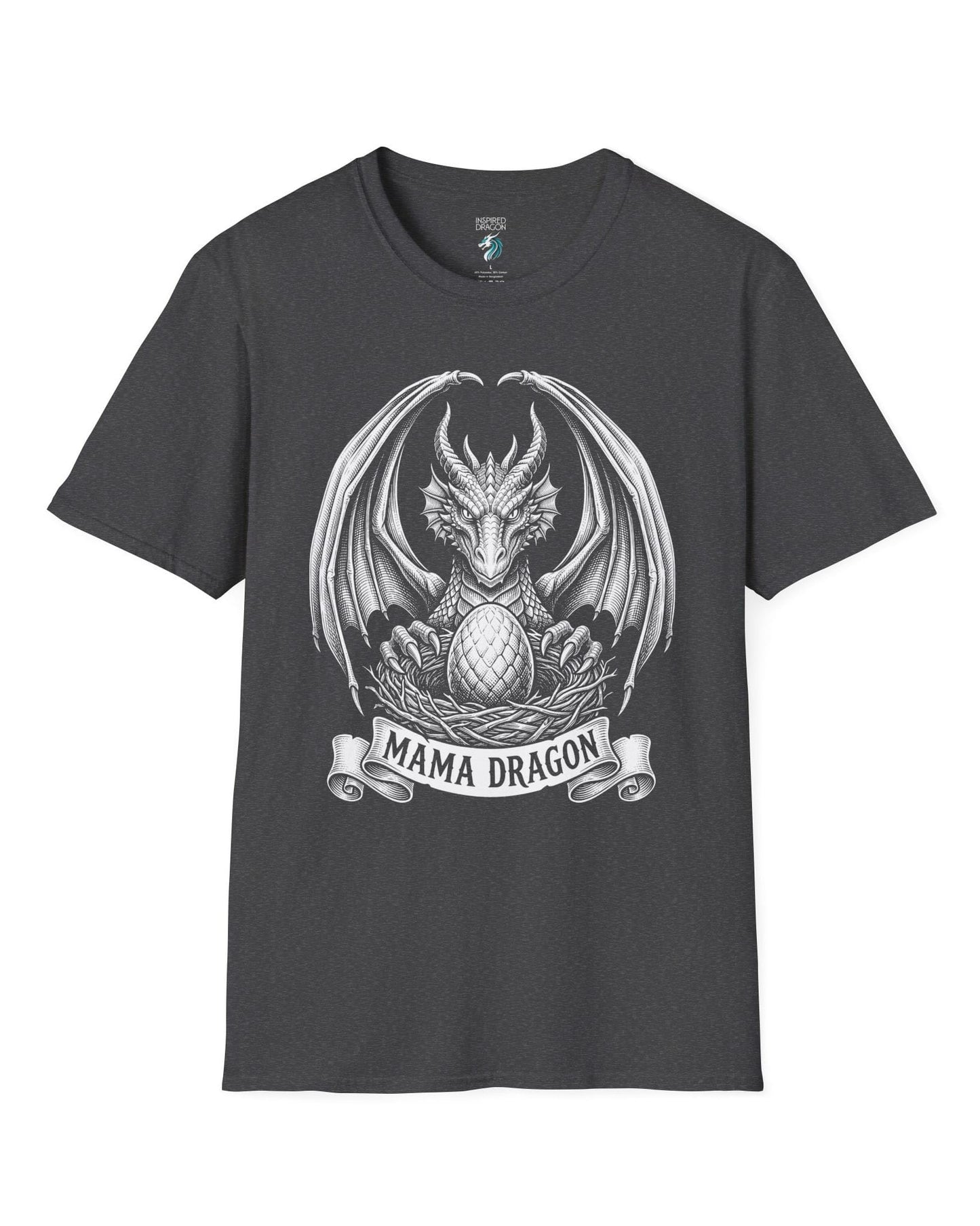 Mama Dragon shirt in dark heather featuring detailed vintage sketch art of a dragon guarding an egg in its nest
