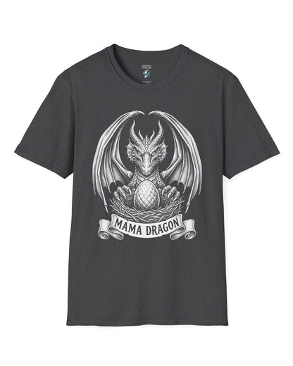 Mama Dragon shirt in dark heather featuring detailed vintage sketch art of a dragon guarding an egg in its nest