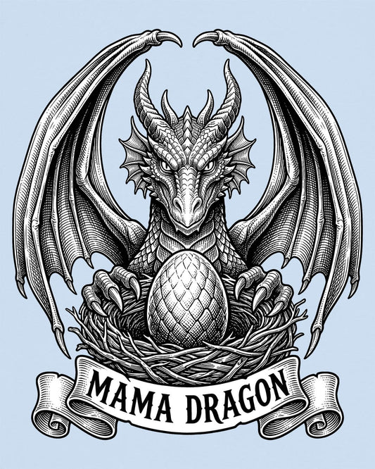 Mama Dragon shirt in light blue featuring detailed vintage sketch art of a dragon guarding an egg in its nest