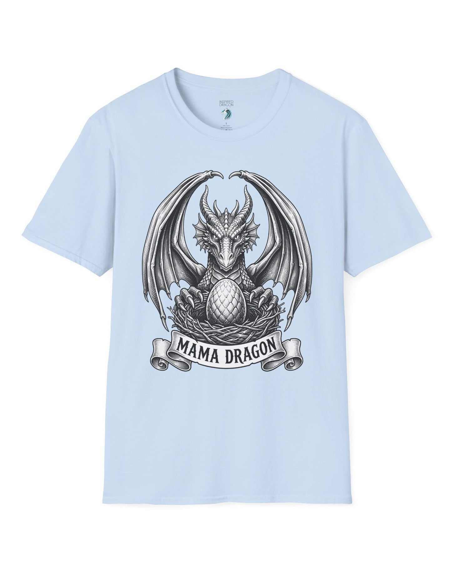 Mama Dragon shirt in light blue featuring detailed vintage sketch art of a dragon guarding an egg in its nest