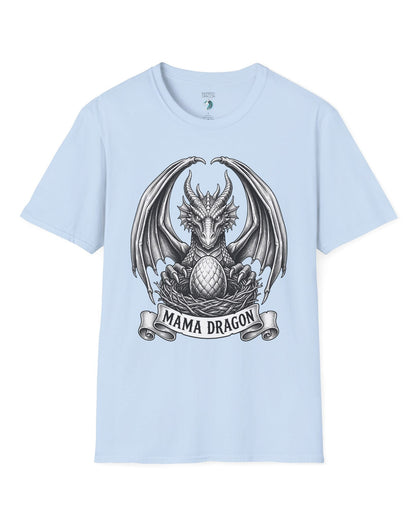 Mama Dragon shirt in light blue featuring detailed vintage sketch art of a dragon guarding an egg in its nest