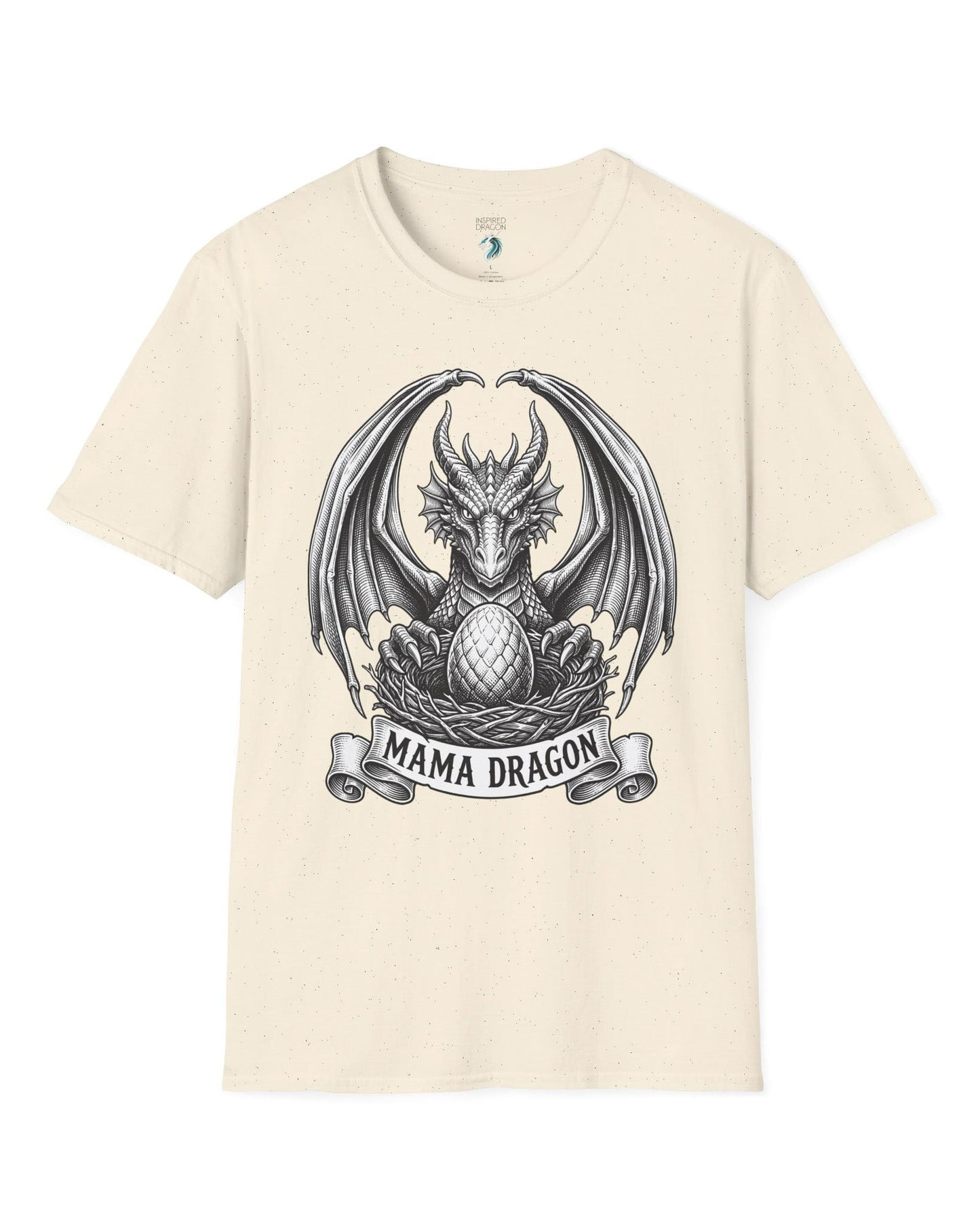 Mama Dragon shirt in natural featuring detailed vintage sketch art of a dragon guarding an egg in its nest