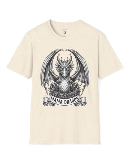 Mama Dragon shirt in natural featuring detailed vintage sketch art of a dragon guarding an egg in its nest