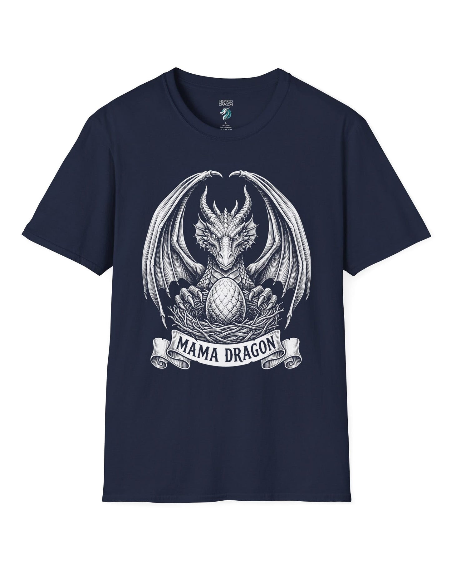 Mama Dragon shirt in navy featuring detailed vintage sketch art of a dragon guarding an egg in its nest