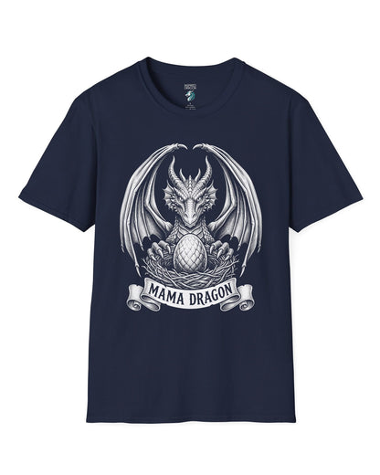 Mama Dragon shirt in navy featuring detailed vintage sketch art of a dragon guarding an egg in its nest