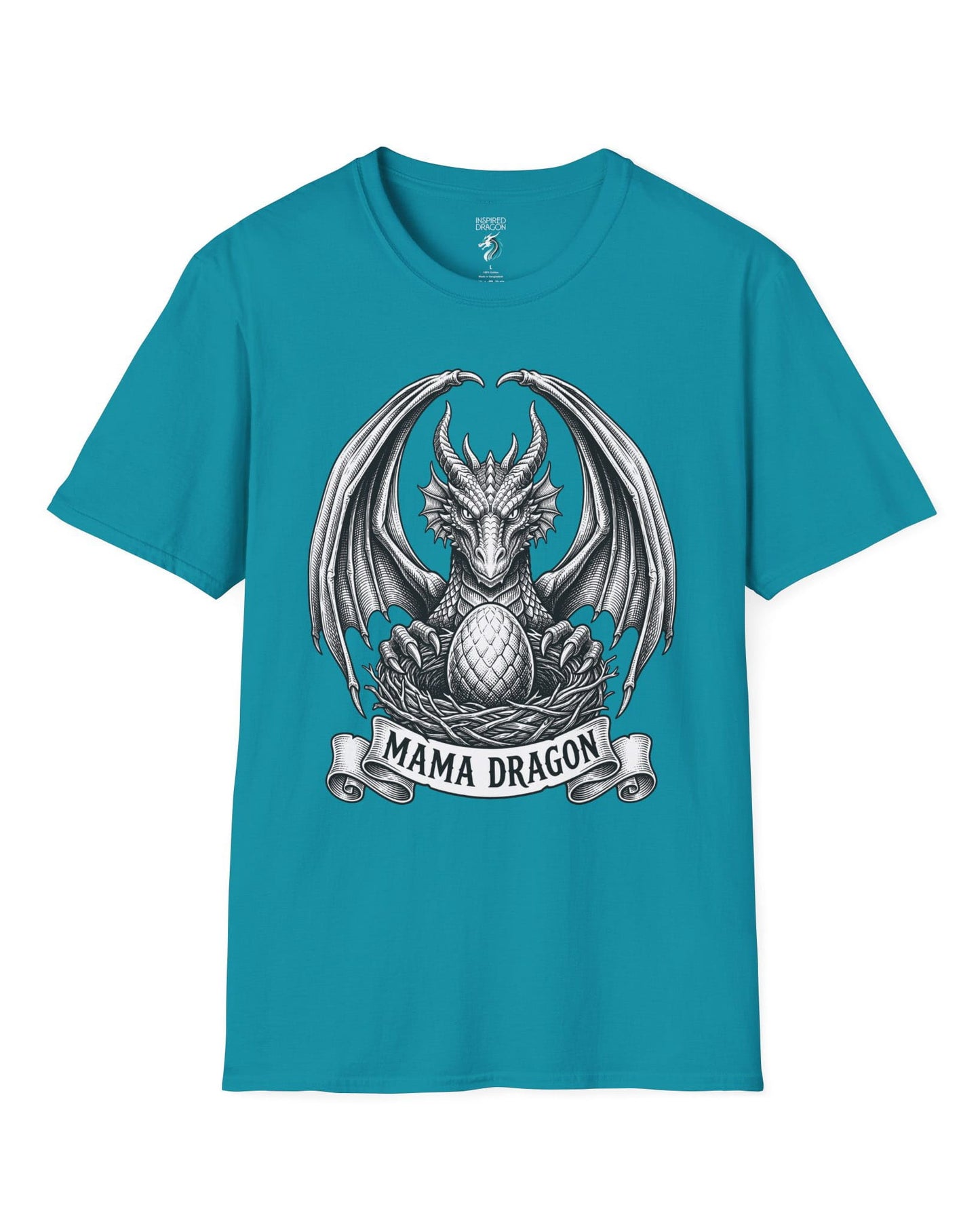 Mama Dragon shirt in tropical blue featuring detailed vintage sketch art of a dragon guarding an egg in its nest