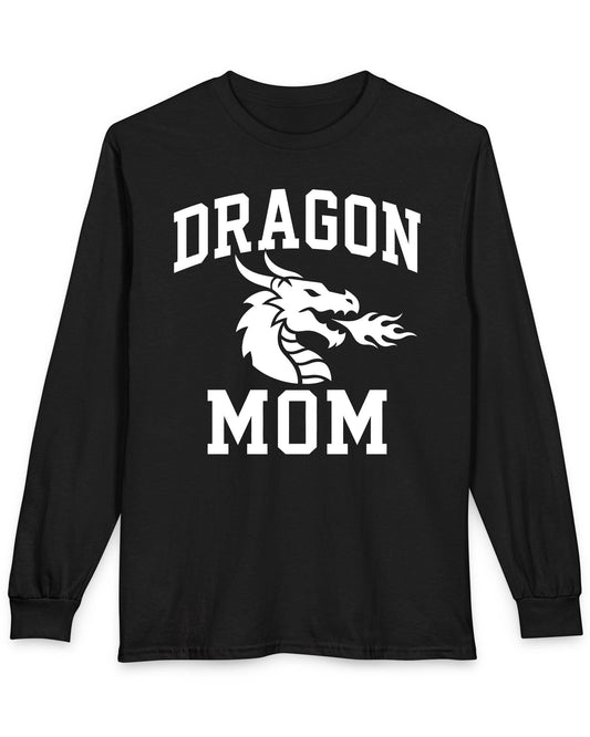 Dragon Mom shirt in black with bold collegiate lettering and a minimalist dragon breathing fire emblem