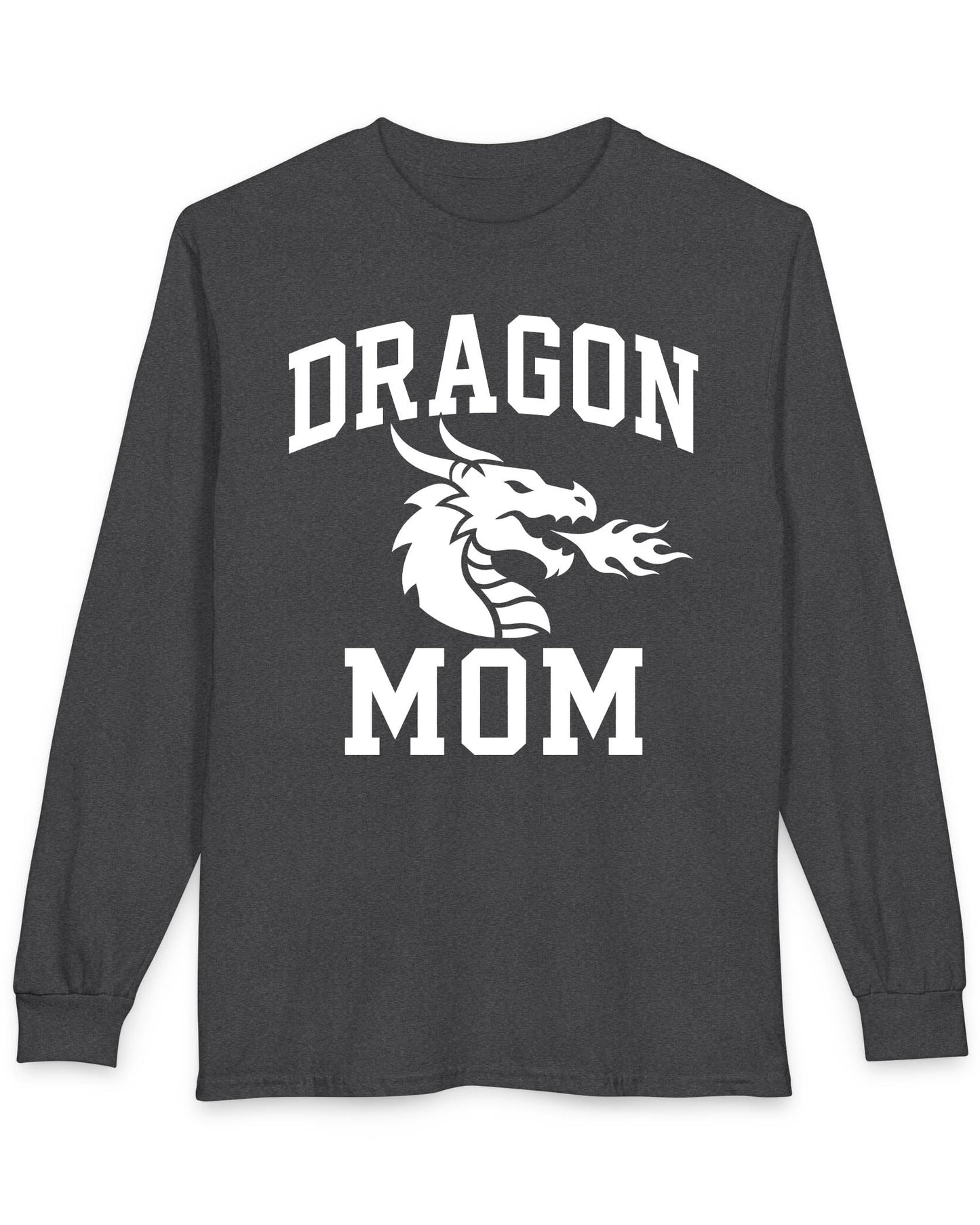 Dragon Mom shirt in dark heather with bold collegiate lettering and a minimalist dragon breathing fire emblem
