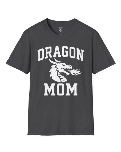 Dragon Mom shirt in dark heather with bold collegiate lettering and a minimalist dragon breathing fire emblem