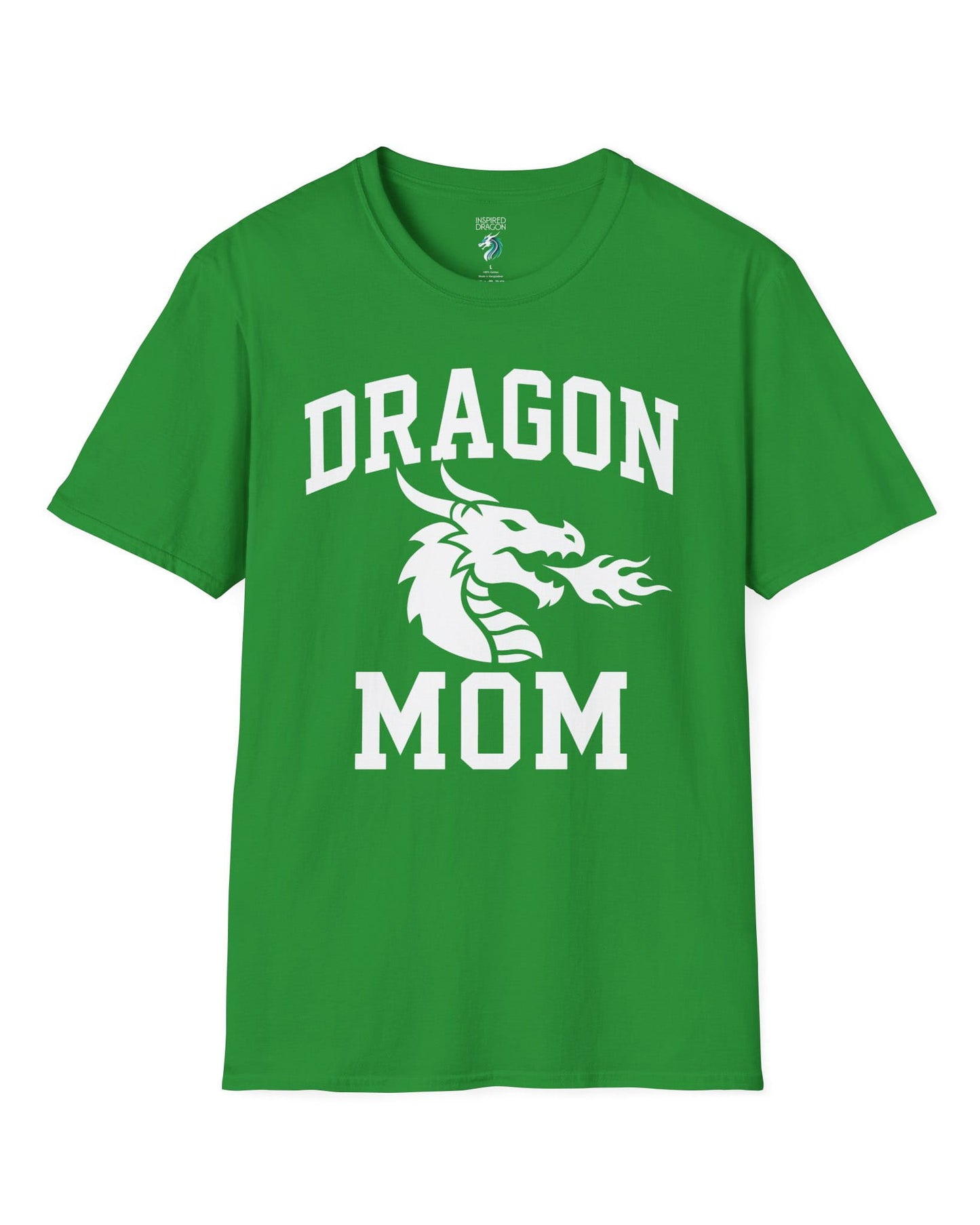 Dragon Mom shirt in Irish green with bold collegiate lettering and a minimalist dragon breathing fire emblem