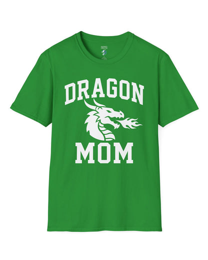 Dragon Mom shirt in Irish green with bold collegiate lettering and a minimalist dragon breathing fire emblem