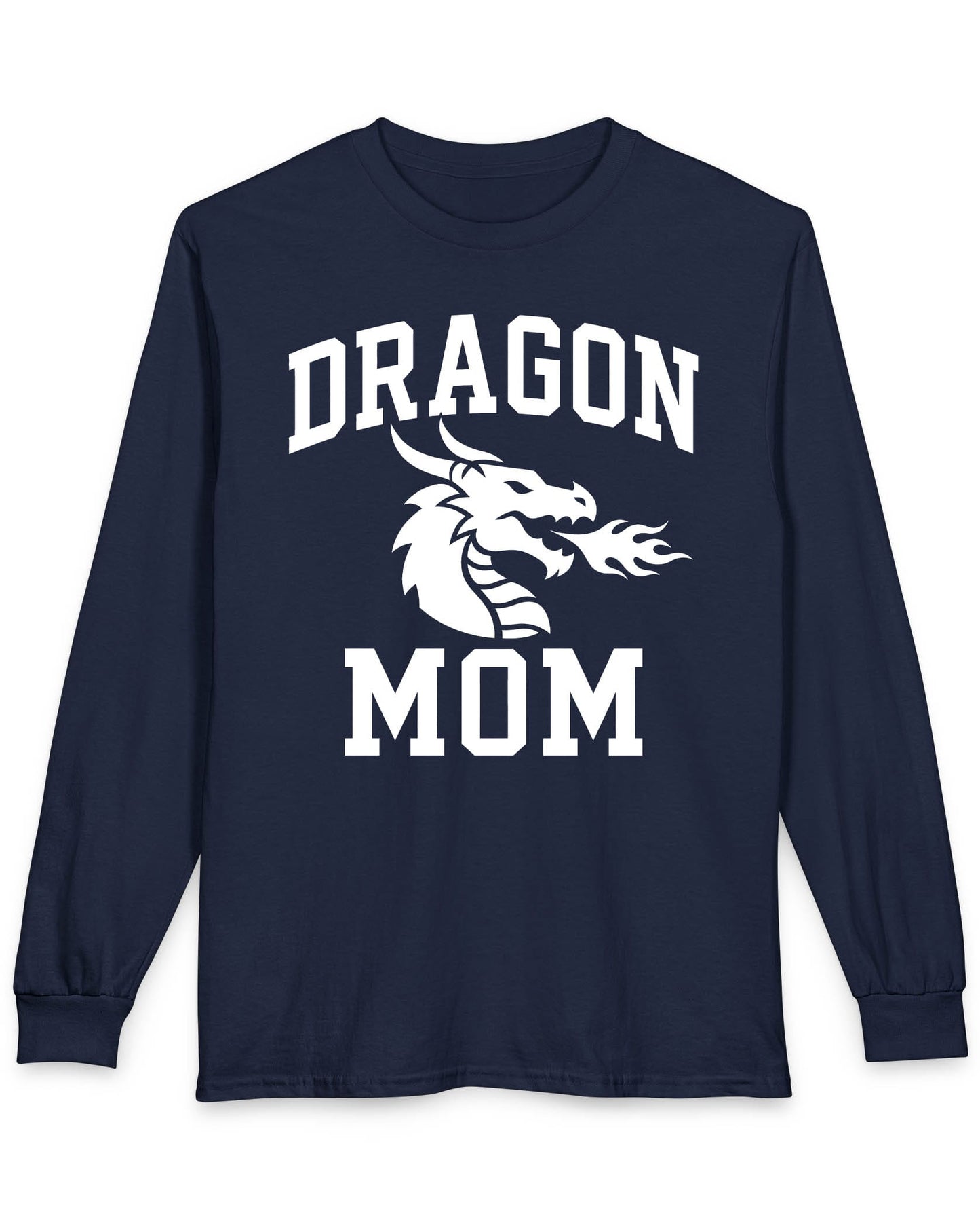 Dragon Mom shirt in navy with bold collegiate lettering and a minimalist dragon breathing fire emblem