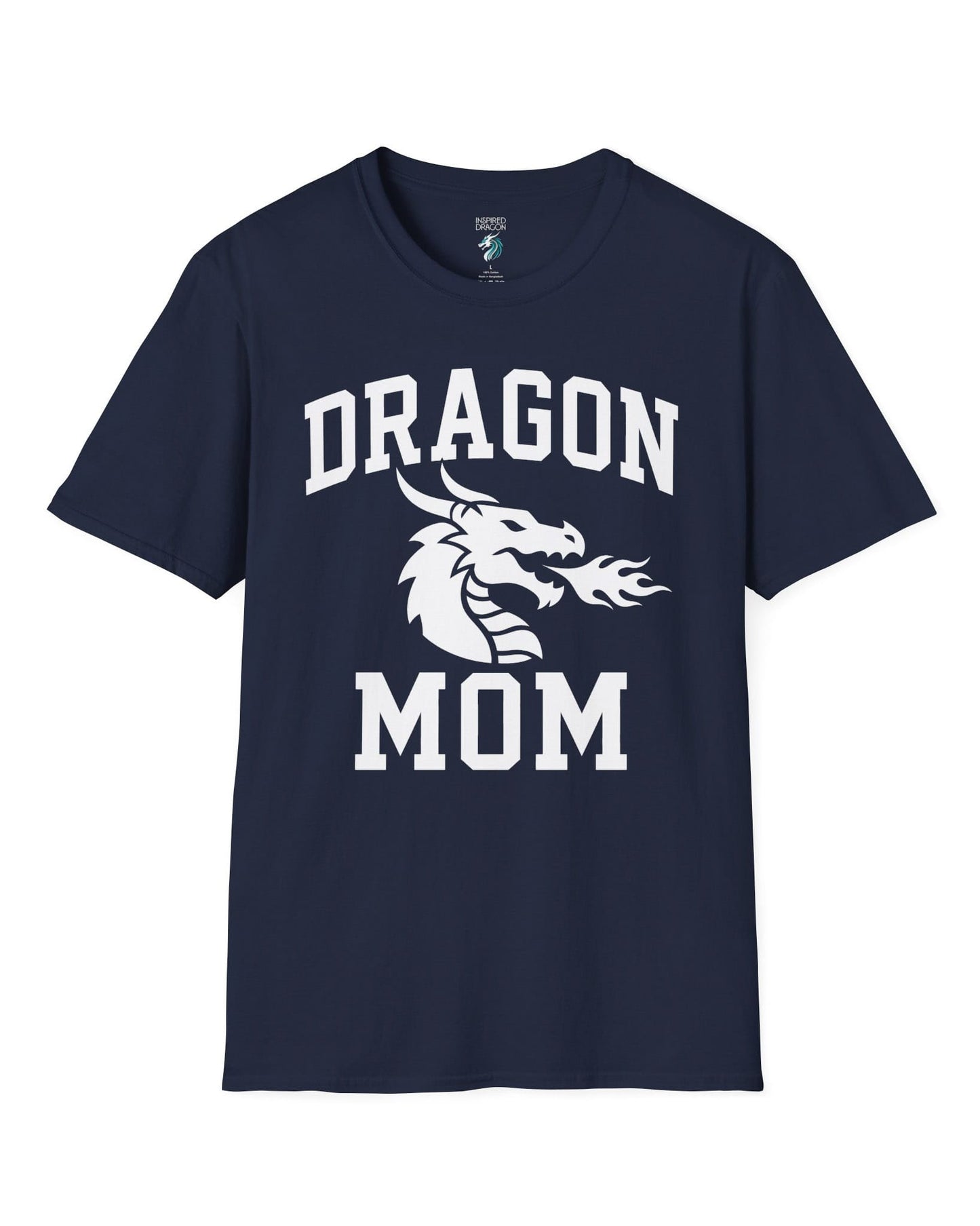 Dragon Mom shirt in navy with bold collegiate lettering and a minimalist dragon breathing fire emblem